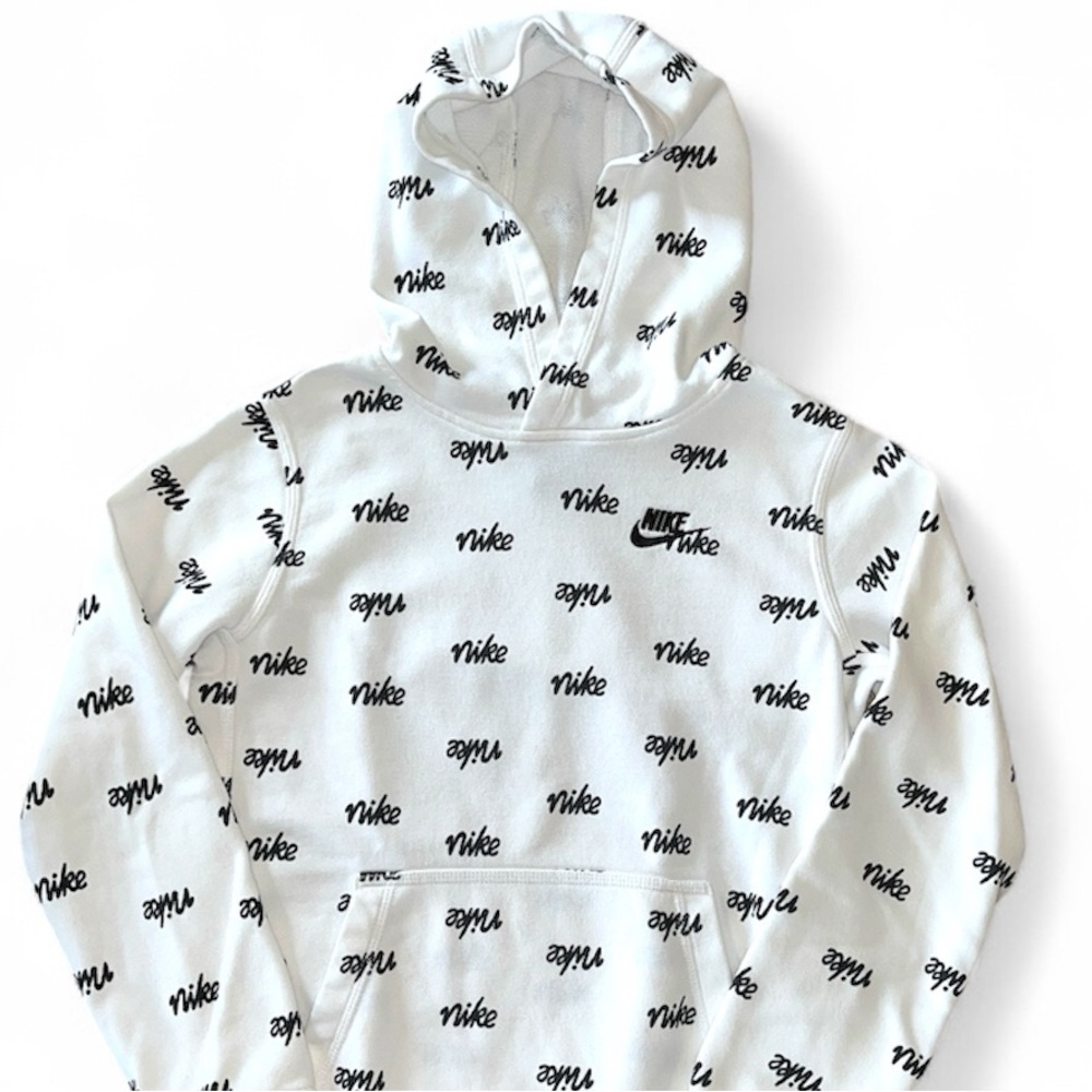 Nike Big Kids L Pullover Hoodie Sweatshirt White Black All Over Logo Print Rare